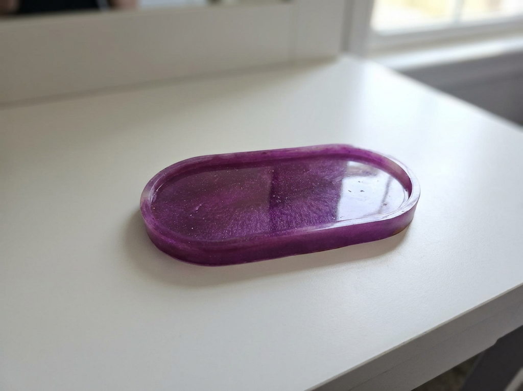 Velvet Alchemy Amethyst Romance LOVE Tray Set: handmade resin tray with soft pink shimmer butterfly and floral accents.
