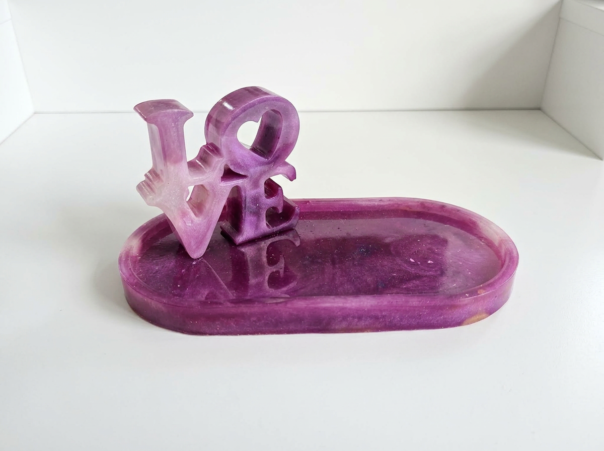 Velvet Alchemy Amethyst Romance LOVE Tray Set: pink-purple resin vanity tray with LOVE letters.